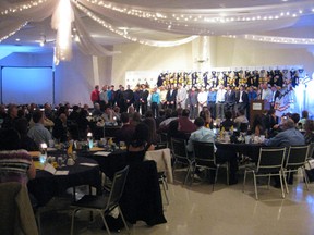 The members of the Nipawin Hawks took to the stage during the team’s annual awards night on Thursday, March 28.