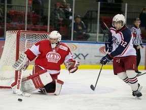 Jr. A Colts family Pietro Antonelli, shown at right playing against Pembroke, one of his former CCHL teams, has been a strong power forward for the team since coming to Cornwall in January. Antonelli last season had to deal with a family tragedy, the death of his younger brother, who was hit by a drunk driver.
File photo