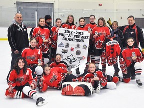 Contributed Photo
The Norfolk Barrel Restaurant peewee HERicanes shut out the Flamborough Falcons 3-0 to secure the Greater Hamilton Girls Hockey League 'A' division championship. Pictured are, front row: Lexi Cook, Nicole Samborski and Marissa Eikelboom. Middle row:  Lauren Moore, Jaelynn Macaulay and Rachel Boyd. Back row: assistant coach John Cook, Katie Antonissen, assistant coach Ed Samborski, Maddie Loucks, Julia Samborski, Hanna Patrick, Sydney Buis, Veronica Samborski, trainer Fiona Macaulay and coach Ron Loucks. Absent from photo is Tegan Giles.