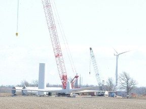 MONTE SONNENBERG Simcoe Reformer
Dozens of wind turbines are going up in Haldimand County. This was the scene Wednesday on the south side of Highway 3 east of Jarvis. Some are beginning to wonder what happens when these gigantic structures reach the end of their useful life.