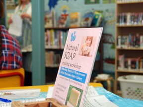 Doreen Fish, of the Smiling Fish Soap Co. of Little Rapids, conducts a workshop on cold process soap making at the Thessalon Union Public Library. Gloves and goggles must be worn when handling lye.