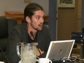Jonathan Bonney addresses Timmins city council with plans for a wakeboard park in October 2012.