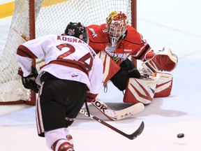 Owen Sound goalie Jordan Binnington faces down Guelph Storm winger Scott Kosmachuk during a game played in January in Owen Sound.