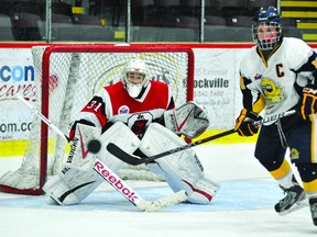 Upper Canada Cyclones captain Mitch Kirkwood watches a sailing shot during Wednesday night's Central Region Major Midget AAA Championship Tournament round-robin game against the Ottawa Jr. 67's. The Cyclones dropped the game, which was their final contest of the 2012-2013 season, 4-2. (STEVE PETTIBONE The Recorder and Times)