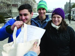 Queen’s University students (l-r) Jesse Cranin, Marin MacLeod and Clyton MacLeod have been busy promoting their Meal in a Bag program on Queen’s campus.      Rob Mooy - Kingston This Week