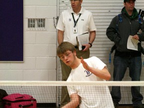 Beaver Brae’s Tyler Neil serves the birdie in his first game of NorWOSSA badminton play in senior boys singles at Beaver Brae. Neil finished second and will now move on to NWOSSAA.
GRACE PROTOPAPAS/Daily Miner and News