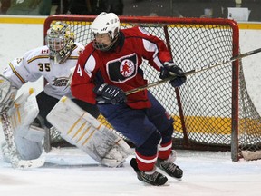 Nate McLeod of the North Bay 'AAA' Midget Trappers cuts through the crease during action last season. Coaches for the new North Bay and District 'AAA' Trappers Hockey Association have been announced, along with tryout dates for minor peewee teams through major midget.