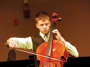 Mathew Krzywdzinski performs 'Humoresque' on the cello at last year's Woodstock Rotary Festival of Music Stars of the Festival Concert  at Calvary Church. Because of the dispute between the teachers' union and the province, the number of competitors in this year's festival has dipped, which has impacted its funding. (Sentinel-Review file photo)