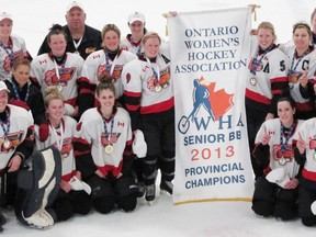 The Belmont Blazers beat Cobourg 3-1 to win the Ontario Women's Hockey Association senior ladies BB championship. Members of the team, from left, are: front - Tara Wister, Caitlin Duffy, Blair Brown, Erin Dale, Shannon Brooks; middle - Lori Brooks (trainer), Lesley Todd, Kelsie Annaert, Nicole Todd, Michelle Vannoord, Natalie Triebl, Kelli Boogemans, Leah Butler; back - Dave Todd (coach), Karly Scidmore, Mike Haines (coach), Cali Macpherson, Brooke Haines, Jaclyn Macpherson, Larry Annaert (coach). Absent are Tina Marceau, Michelle Fric, Brooke Parsons. (Contributed photo)
