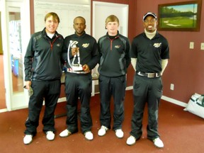 Several members of the Alabama State University NCAA Division 1 golf team pose with the trophy following their victory at the South Western Athletic Conference Bulldog Classic Tournament late last month. Timmins native Christopher Wilson, left, took top spot in the tournament and poses with teammates, Joseph Killabrew holding the trophy, Daniel Park and Robert Grant.