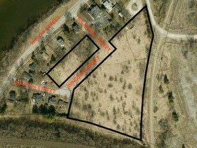 An aerial view of the subdivision being proposed by Pinevest Homes in the Hampton Road area near the Grand River.