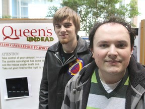 Queen's University computer science students Jonathan Stanford, left, and Josh Taylor, along with Dillon Smith, created a computer game based on zombies invading Queen's, which they showcased at an event on campus Thursday.
Michael Lea The Whig-Standard