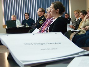 Community group representatives and city staff watch council proceedings for the 2013 budget at city hall, Wednesday.
Staff photo/GREG PEERENBOOM