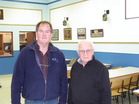 Ukrainian Literacy Society president Darryl Price and vice president Gary Caron in the newly redecorated main hall at Forth Street North. The society is open to offers for rental of facilities on both levels of the hall to families, groups and organizations for socials, wedding receptions and meetings.
REG CLAYTON/Daily Miner and News