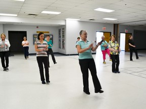 The many participants working on their Old Bones line dancing skills at Parc 55+ Thursday at the Rotary Hall in The Plex.