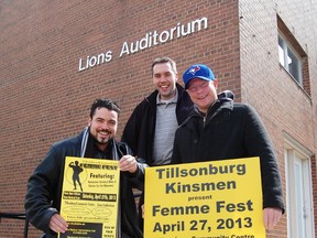 Femme Fest co-chairs Lance Mackenzie; left, Dave Martin; centre and Rob Haines; right, are gearing up for the annual fundraising event put on by the Tillsonburg Kinsmen Club on Saturday, April 27, 2013. The event takes place in the Lions Auditorium at the Tillsonburg Community Centre. Doors open at 7 p.m. For more information or tickets, call (519) 842-5137.

KRISTINE JEAN/TILLSONBURG NEWS/QMI AGENCY