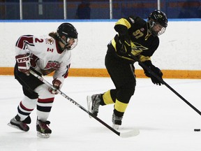 North Bay’s Kaitlyn McManus carries the puck into the Belleville Bearcats' zone as the Midget 'AA' Ice Boltz cruised to a 4-0 win at Ottawa's Ray Friel arena. The Ice Boltz won their first two games in the preliminary round game of the provincial championships.