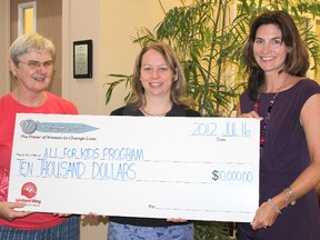 United Way Women's Leadership Council grant committee members Eleanor Gleeson, left, and Trinette Lindley, right, present a $10,000 cheque to Janet Raddatz for the A.L.L. for Kids Program. (Contributed photo)