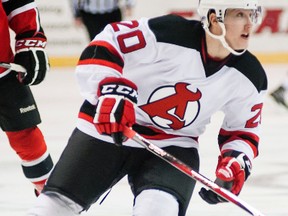 Former Sarnia Sting forward Reid Boucher suits up for the Albany Devils in a recent AHL game against the Portland Pirates. (JAMES DIBIANCO JR./ALBANY DEVILS)