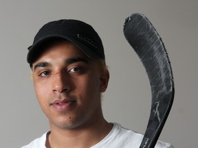 Kingston Voyageurs forward Junior Harris, at his billet’s house in Kingston on Friday, says there’s no need for the racial slurs hurled his way by fans during Ontario Junior Hockey League playoff games in Newmarket this past week. The Vees play in Newmarket again Saturday night. (Ian MacAlpine/The Whig-Standard)