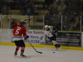 Spruce Grove Saints defenceman Dustin Fostvelt fires a shot on net during the first period of their Game 5 win against the Whitecourt Wolverines in Spruce Grove, April 5. - Thomas Miller, Reporter/Examiner