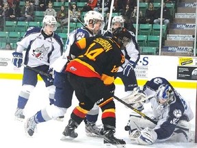 QMI Agency
Sudbury Wolves goaltender Franky Palazzese tries to get his glove on the puck while Belleville Bulls' Jordan Subban buzzes the net with a trio of Sudbury Wolves in the play. The Wolves will try to even the series Sunday night in Belleville after dropping Game 1.