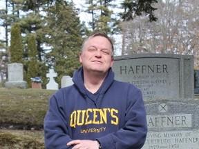 Arthur Milnes at the gravesite of Rachel Bleaney, whose prophecies led the Liberals to defeat in the 1930 election.