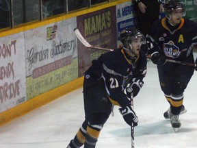 Kirkland Lake Gold Miners' Kyle Bishop carries the puck up the ice during Saturday's 5-2 playoff loss to North Bay