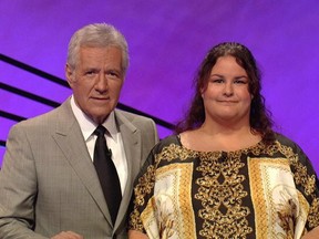 Emily Vandermeulen of Owen Sound with Jeopardy! host Alex Trebek.