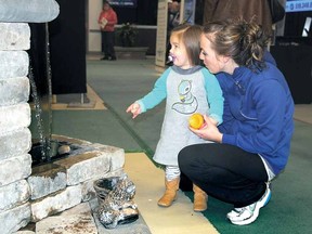 Chloe Pol, 2, and mom Michelle Pol check out one of the water features at the Stratford Spring Home Show Saturday.