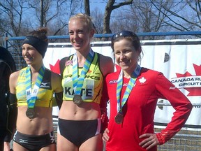 Krista DuChene (right) won the Harry's Spring Run event in Toronto on the weekend, beating second-place finisher Kate Van Buskirk (middle) and third-place Dayna Pidhoresky.
