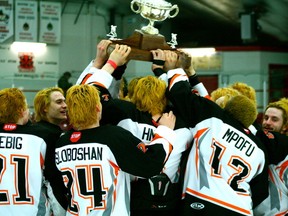 The bleached-blonde boys of the Saskatoon Contacts all lift up the Western Regionals Telus Cup after defeating the Thunder Bay Kings 3-0 on Sunday, April 7 at the Kenora Recreation Centre.

GRACE PROTOPAPAS/KENORA DAILY MINER AND NEWS