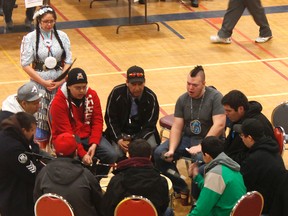 Northern College Porcupine Campus hosted its 12th-annual Aboriginal powwow over the weekend, celebrating First Nations culture and traditions through traditional dancing, drumming, throat singing and crafts. Here, a drumming group performs Sunday, during the closing day of the powwow.