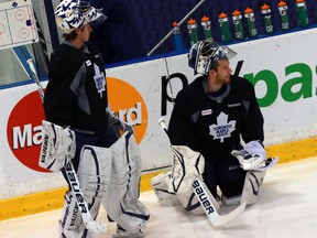 Maple Leafs’ James Reimer (right) has 48 career wins with Toronto. (DAVE THOMAS/TORONTO SUN)