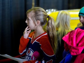 Cora Rock (left), 9, waits in anticipation during an audition for a Crystal Glass television commercial at the company's offices in Edmonton on Sunday. The commercial will feature Oiler Taylor Hall. (IAN KUCERAK/Edmonton Sun)