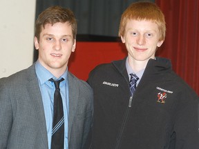 Trent Fox, right, of Thamesville was chosen by the Erie Otters in the fifth round of the OHL draft Saturday. His older brother Dane, left, was honoured Saturday as the athlete of the year at the Dresden Sports Hall of Fame ceremony. They're pictured at the Hall of Fame gala at Lambton-Kent Composite School. (DAVID GOUGH/QMI Agency)