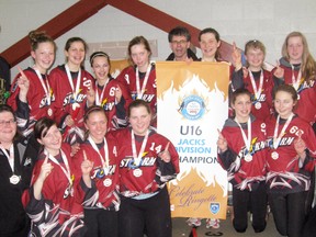 The Seaforth Storm captured the U16A provincial ringette championship in Nepean March 17, capturing the gold medal with a dramatic 1-0 win over top-ranked Kitchener in the final. Team members are (back row, left to right): Craig Hennessy (coach), Avery Wedow, Kim Alcock, Amanda Verbeke, Alli Van Bakel, Frank Verbeke (trainer), Lindsay Foran-Govers, Amanda Hodgert, Melissa Riley, Jordyn Farquharson. Front row (left): Michelle Hodgert (assistant coach), Claire Hesselwood, Nicole Bettles, Christie McCann, Amy Alcock, Jessie Hennessy, Connie Alcock (assistant coach).