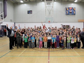 Staff and students celebrate on Apr. 4 when FCSS, Aim for Success, and Mayor Moe Hamdon visited Drayton Christian School to announce that for the second year in a row it had the most school hours for Disconnect to Connect.