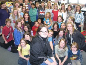 Stephanie Belec (centre) spoke about her career in broadcasting to Ste Marguerite Bourgeoys School students at the first in a series of French language speakers presentations, Friday, April 5.

REG CLAYTON/Miner and News