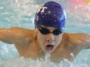 Rafik Alkarim Jiwa, 12, competes in the boys 12 and under 100 SC meter butterfly at the at the Belleville Youth Swim Team Spring Into Action Invitational, held at the Quinte Sports & Wellness Centre on Saturday.