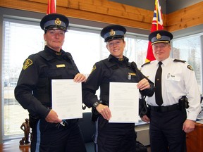 Oxford County OPP constables Nancy Hodgkin; left and Katherine Burt; centre, were recently commended for their efforts in saving the life of a 14-year old girl in Tillsonburg last spring. The officers received a letter from OPP Commissioner Chris D. Lewis in March, recognizing them for their quick action and a job well done. They are joined here by Inspector Tim Clark. 

KRISTINE JEAN/TILLSONBURG NEWS/QMI AGENCY