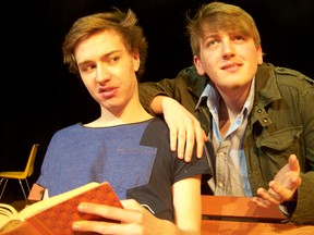 Cornwall Collegiate actors Andrew Reed, left and Michael Chatelain rehearse a scene for the play Zoo Story, which shows at CCVS Monday. It is one of two plays in the running to represent CCVS at the annual Ontario East Region Drama Festival, April 17-20. GREG PEERENBOOM/CORNWALL STANDARD-FREEHOLDER/QMI AGENCY