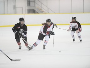 File Photo
The Norfolk bantam B HERicanes battled the Ingersoll Ice in their final exhibition game of the season April 2 before departing for the Ontario Women's Hockey Association championship this past weekend.  While coming up short, the bantam B team is motivated to make it to the provincials again next season.