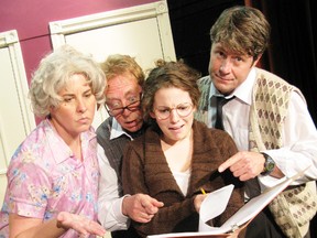 DANIEL R. PEARCE Simcoe Reformer

Kelly McGivern (left), Phil McLaren, Jess Bommarito, and Dave Deelen rehearse a scene from the British farce Noises Off. It opens at the Talbot Street theatre on Thursday for a two-week run.