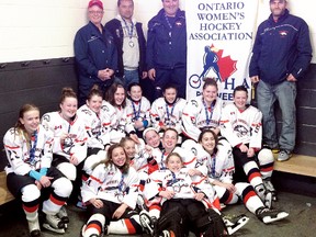 The Kent County Peewee 'B' Fillies won silver medals at the Ontario Women's Hockey Association championships Sunday in Ottawa. They're also the champions of the Western Ontario Girls Hockey League. The Fillies are, front row, left: Megan Hakr, Brook-Lyn Phelan, Mckenzie Wilson, Randi Renee Spotton, goalie Marandee Hunter and Ryanne Logan. Middle row: Brooke Anderson, Hailey Johnson, Britney Goodhand, Jessica Roelofs, Kara Coleman, Kelsea Ellis, Lauren Kelly and Bailey Stewart. Back row: assistant coach Rick Holmes, assistant coach Mike Hakr, assistant coach Bruce McFarland and head coach Shawn Simpson. (Contributed Photo)