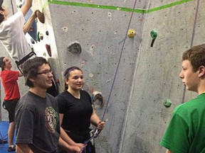 Beaver Brae students from left, Adrian Bittern, Tyanna Carpenter and Tristan Lentz pratice their belaying technique at Vertical Adventures in Winnipeg. The grade 11 outdoor ed students took the course on April 4 in preparation for their trip to Gooseneck Lake in May.
HANDOUT PHOTO/CHRIS PENNER/BEAVER BRAE SECONDARY SCHOOL