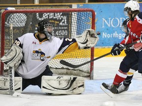 Kirkland Lake Gold Miners' goalie Chris Komma makes this great glove save during Monday's NOJHL playoff loss to North Bay. With the loss the Gold Miners season is now over.
