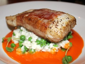 Prosciutto Wrapped Halibut, Spring Pea Risotto, Carrot & Orange Beurre Blanc.