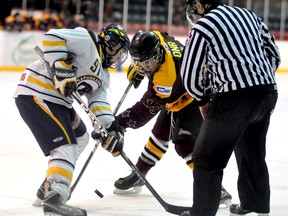 Iroquois Falls native Brenden Locke was drafted by the Barrie Colts of the Ontario Hockey League in the 14th round of Saturday’s Priority Draft. The 15-year-old played for the Kapuskasing Flyers of the Great North Midget League last year. Locke takes the faceoff against Timmins Majors’ skater Austin Landry in January at the McIntyre Arena.