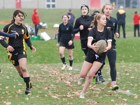 Contributed Photo
Kenzie Pelling gains possession of the rugby ball during a Norfolk Harvesters 7s game during the fall high school sevens season this past fall. The Norfolk County Harvesters are currently looking for players for its girls and boys high school teams.